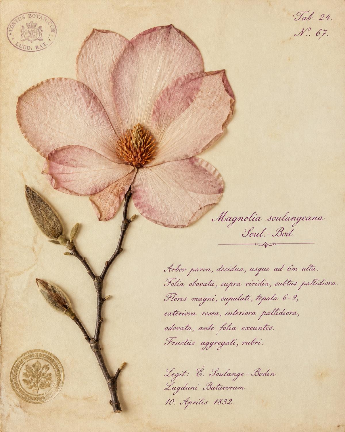 Pressed magnolia specimen on aged parchment